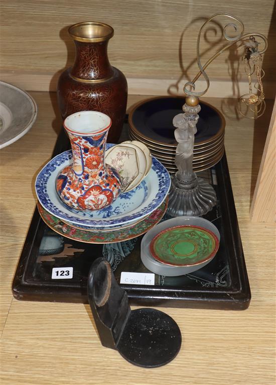 A Chinese glass panel, assorted ceramics and a cloisonne vase, etc